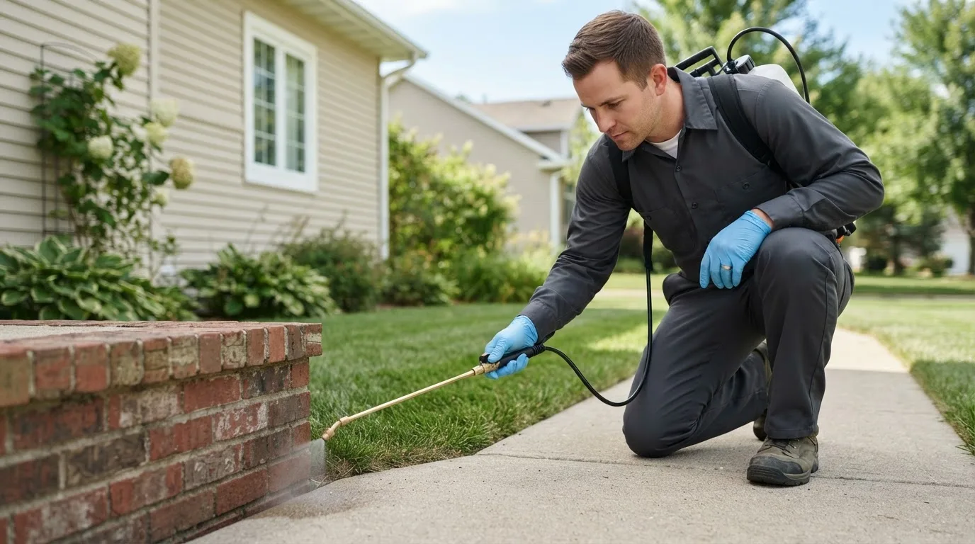 Pest control technician treating a home near Cedar Point, KS